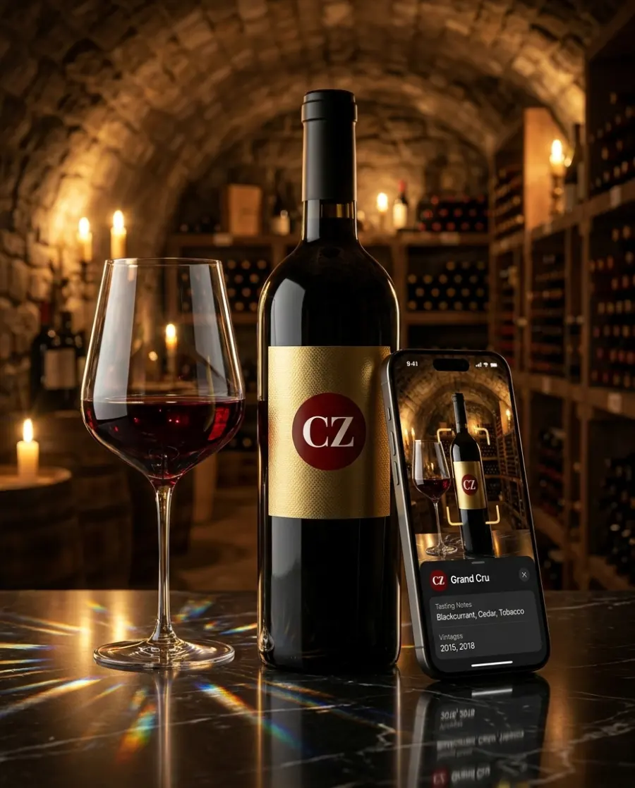 Copa de vino tinto servida junto a una cava organizada con Cru-Zu