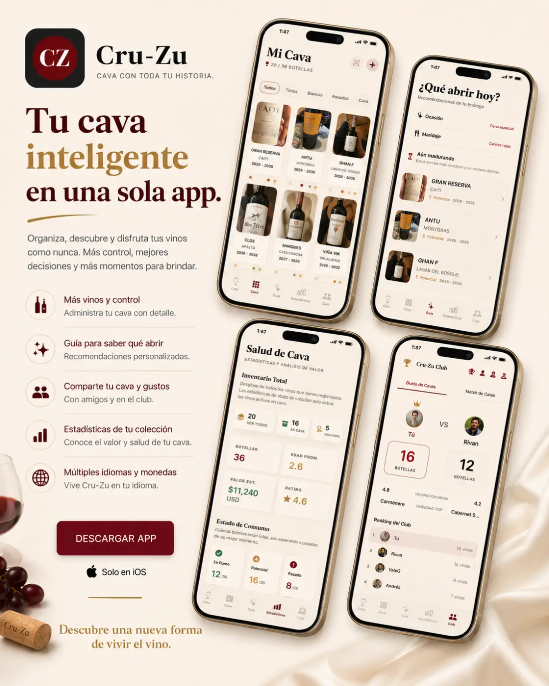 Pantallas de Cru-Zu: mi cava, qué abrir hoy, salud de cava y club
